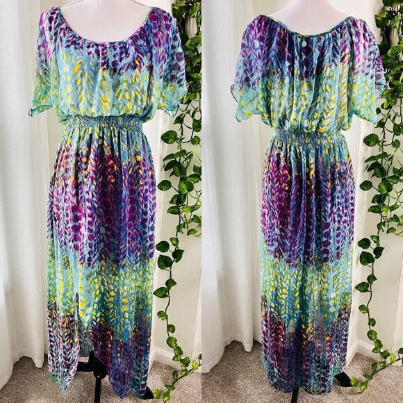 Cato Colorful Floral Tropical Beachy Long Chiffon Maxi Dress Off Shoulder -Large - Picture 1 of 12
